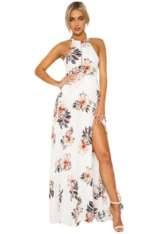 trendy mini dressJuliaFashion - 2024 White Floral Cutout Back Halter Split Maxi Boho Dress