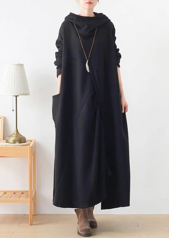 luxury dressFrench hooded asymmetric Tunic Catwalk black Kaftan Dresses