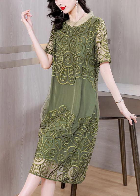 luxury dressElegant Green Embroidered Ruffled Tulle Long Dresses Short Sleeve