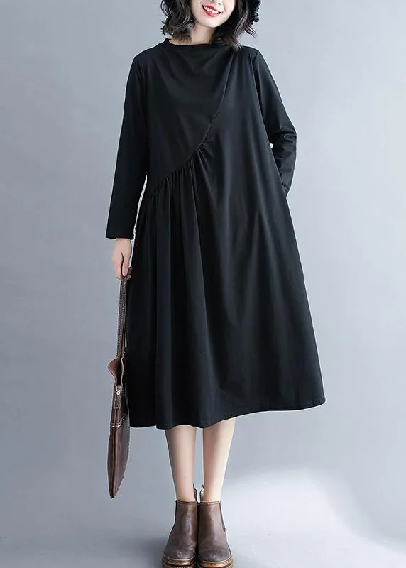 party dressElegant O Neck Wrinkled Spring Tunics Outfits Black Maxi Dress