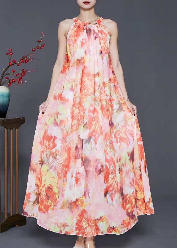 bohemian dressFitted Orange Cold Shoulder Print Chiffon Long Dress Summer