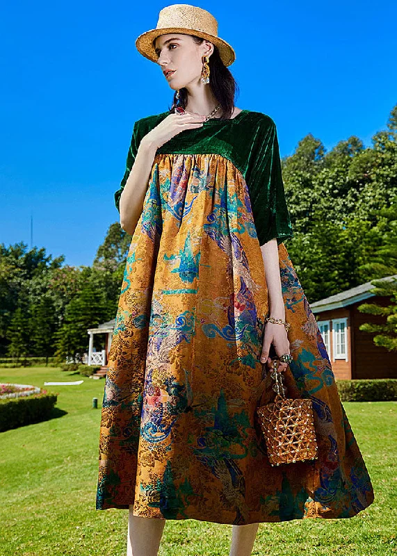 fitted cocktail dressModern Green Print Wrinkled Silk Velour Patchwork Long Dress Summer