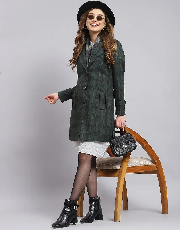 fitted trench coatWomen Green Check Lapel Collar Full Sleeve Coat