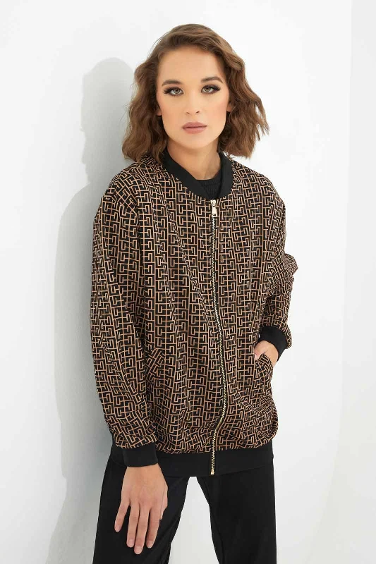 Women Brown And Black Printed Bomber Jacket