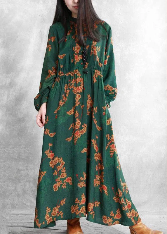 evening dressBohemian stand collar Cinched quilting clothes Fabrics green print Kaftan Dresses