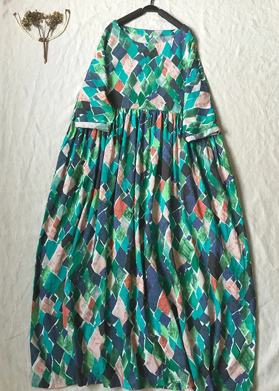 comfy maxi dressBeautiful Green O Neck Print Wrinkled Cotton Dresses Summer