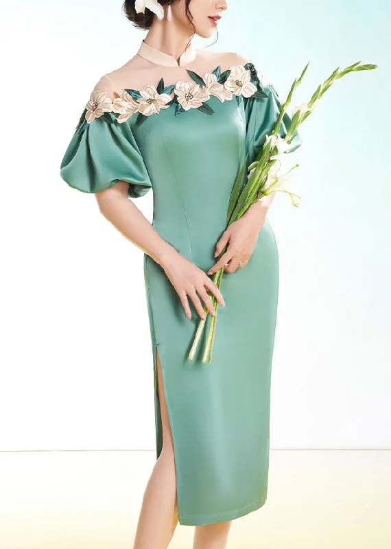 floral dressTop Quality Green Embroidered Side Open Silk Dress Puff Sleeve