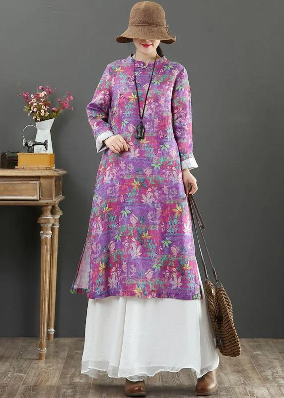 boho-chic dressBeautiful Stand Collar Chinese Button Spring Outfit Catwalk Purple Print Maxi Dresses