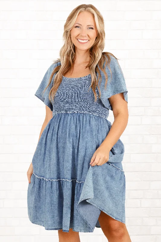 off-the-shoulder dressDon't Stop Now Dress, Denim Blue