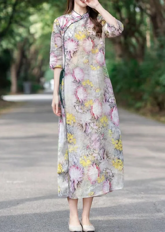 sleeveless dressYellow Lace Up Print Linen Dress Stand Collar Half Sleeve