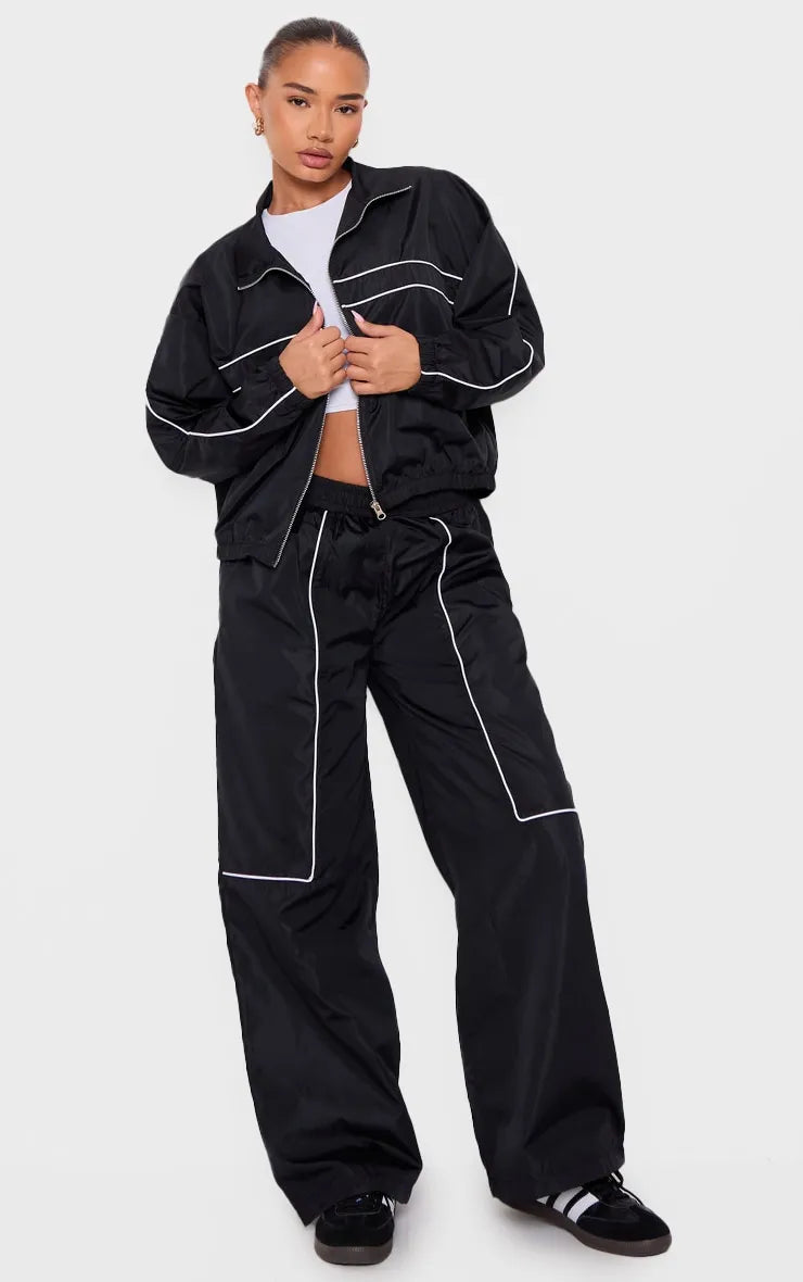 Petite Black Contrast Piping Shell Track Jacket and Trouser Set