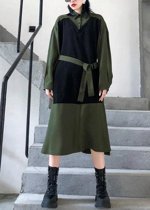 minimalistic dressWomen green cotton Tunics lapel patchwork Dresses