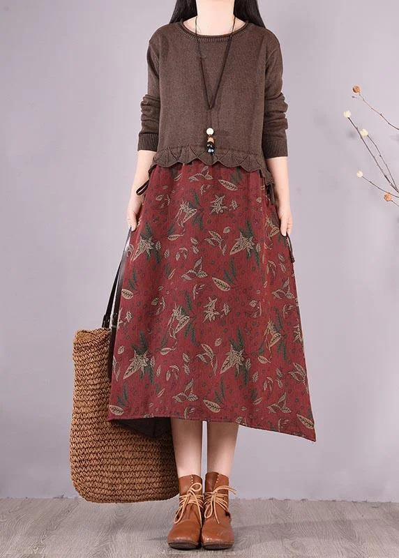 satin dressWomen Chocolate Patchwork Print Clothes O Neck Loose Spring Dress