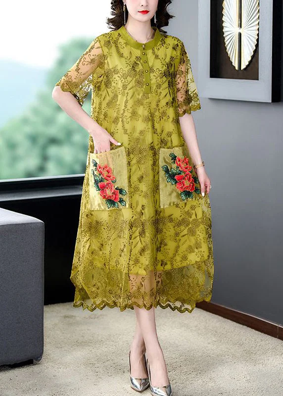 form-fitting dressElegant Yellow Embroideried Pockets Patchwork Tulle Dress Summer