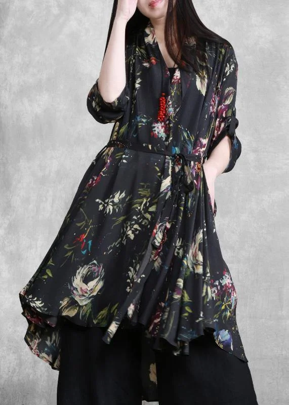 elegant evening dressOrganic Black Print Plus Size Clothes Tie Waist Cardigan Coat