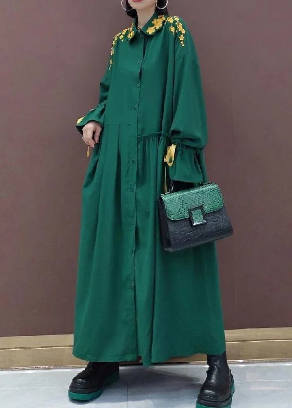 elegant shift dressWomen Lapel Cinched Spring Fashion Ideas Green Embroidery Long Dresses