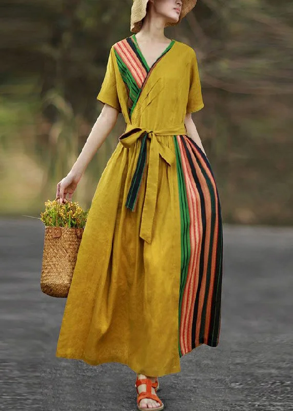 off-shoulder dressNew Yellow Pockets Tie Waist Patchwork Cotton Long Dresses Summer