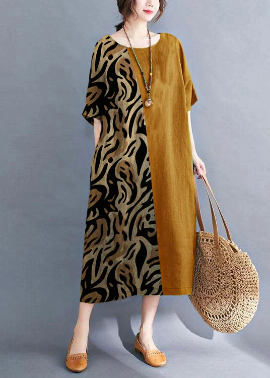 elegant maxi dressHandmade yellow leopard print O-Neck Patchwork Summer Vacation Dresses Half Sleeve