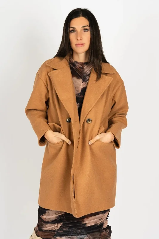 Relaxed Double Breasted Coat in Camel Brown