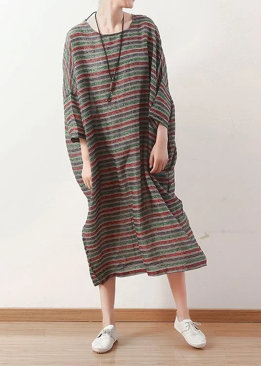 trendy bodycon dressBohemian o neck Batwing Sleeve linen dress pattern green striped  Dress