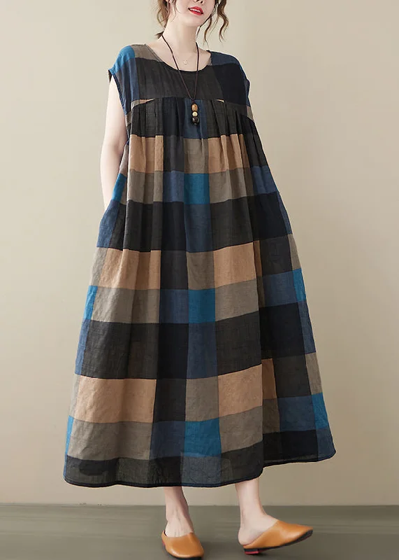 trendy mini dressLoose Black Plaid O Neck Pockets Cotton Long Dresses Sleeveless