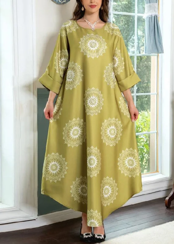 off-shoulder dressYellow Print Cotton Long Dresses O Neck Half Sleeve