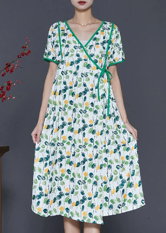 spaghetti strap dressElegant Green V Neck Print Cotton Dresses Summer