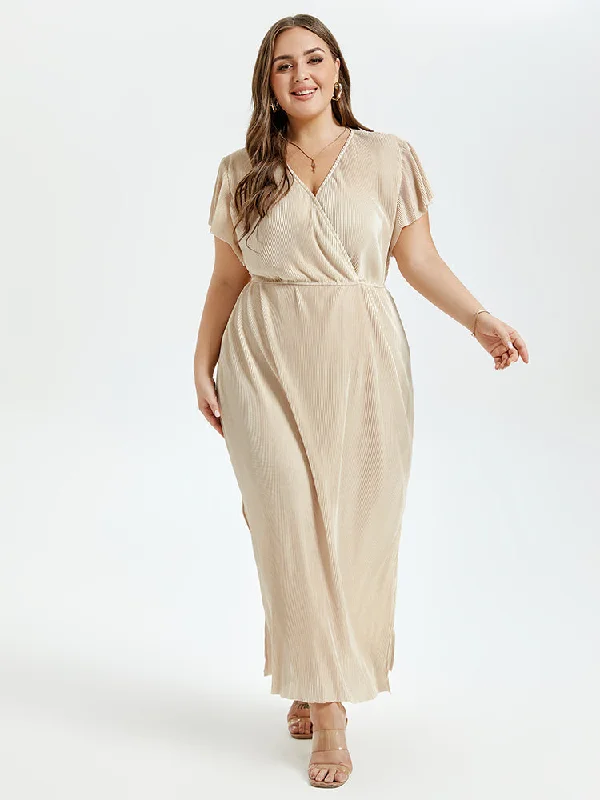 casual evening dressSolid V-Neck Flutter Sleeve Slit Maxi Dress