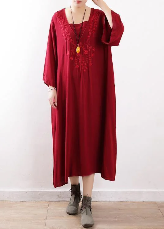 chic slip dressSimple red embroidery clothes For Women o neck Maxi fall Dresses