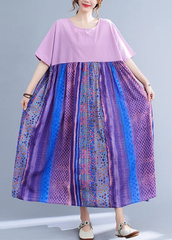 winter dressPlus Size Llight Purple Patchwork Print Maxi Dress Summer