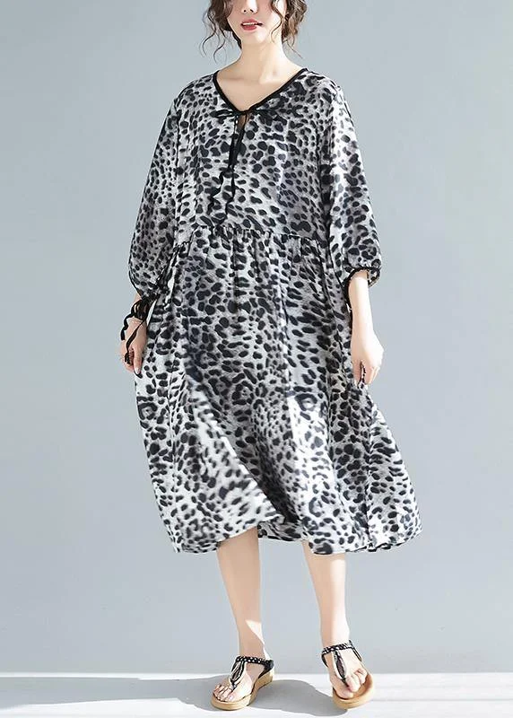 sophisticated dressOrganic V Neck Half Sleeve Lnspiration Gray Leopard A Line Dresses