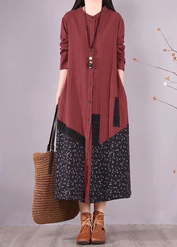 long-sleeve floral dressBeautiful Red Patchwork Print Dress O Neck Pockets Traveling Spring Dresses