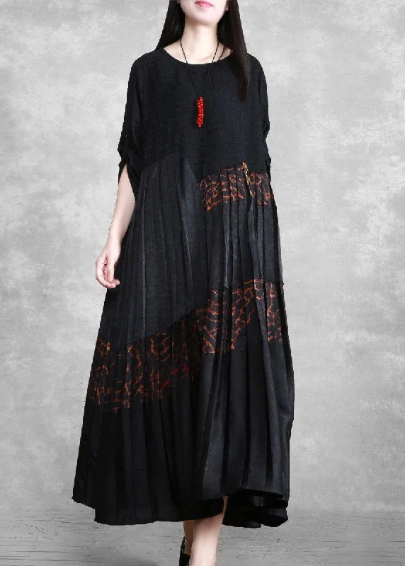 wrap dressLuxy Silk Maxi Dresses Black Pleated Low High Patchwork Dress