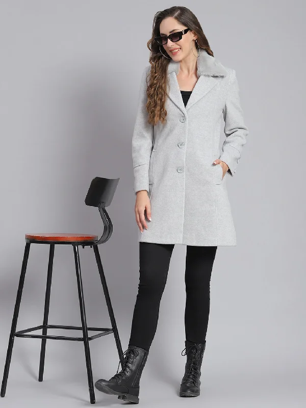 raincoatWomen Grey Solid Lapel Collar Full Sleeve Coats