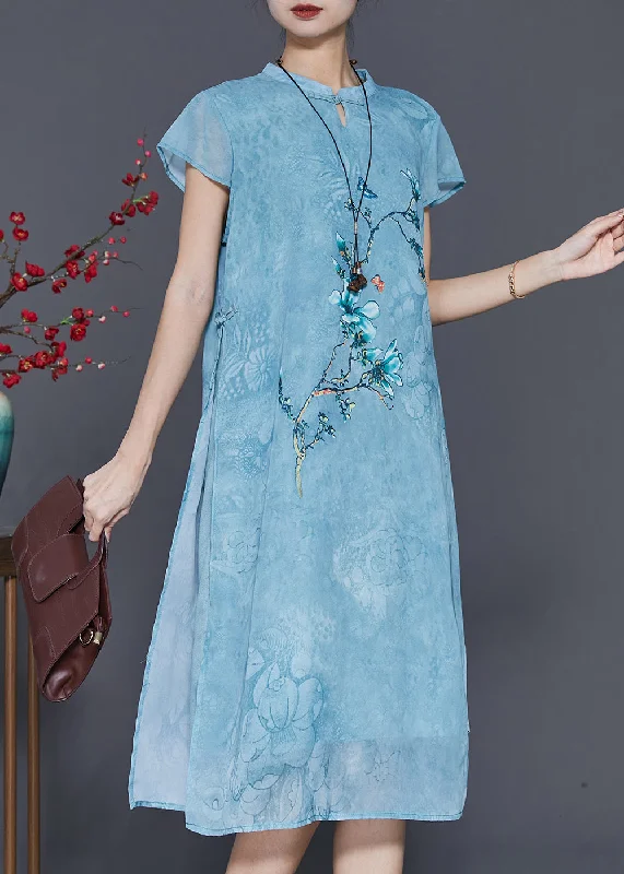 shift dressBlue Print Chiffon Cheongsam Dress Chinese Style Summer