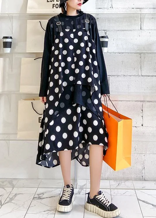 oversized dress100% o neck asymmetric clothes Tutorials black dotted long Dress