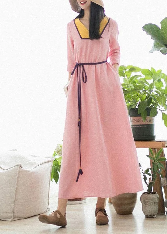 v-neck dressBeautiful V Neck Patchwork Spring Clothes Fabrics Pink Maxi Dress