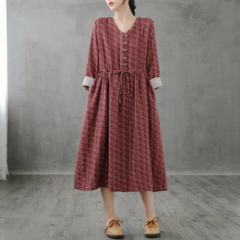 boho dressSimple red print top stand collar drawstring Plus Size fall Dress