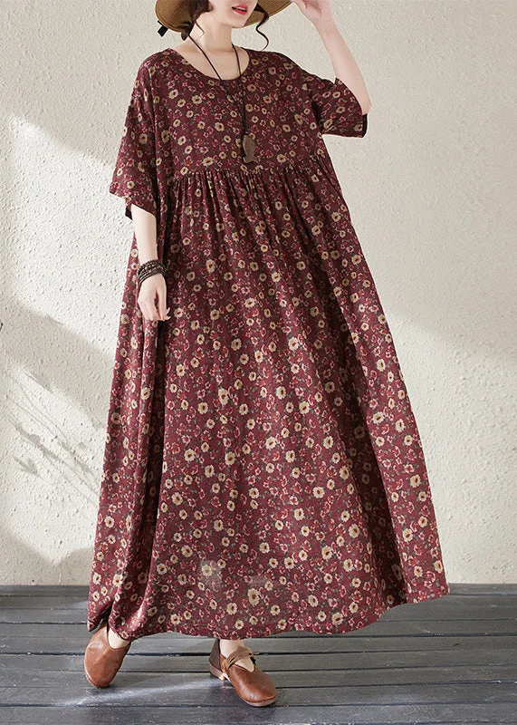 casual slip dressRetro Mulberry Patchwork Print Long Dresses Summer