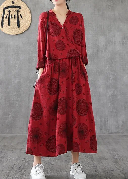 casual shift dressWomen v neck patchwork cotton clothes red embroidery long Dresses