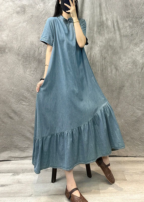 cocktail dressVintage Light Blue Stand Collar Patchwork Denim Dress Summer