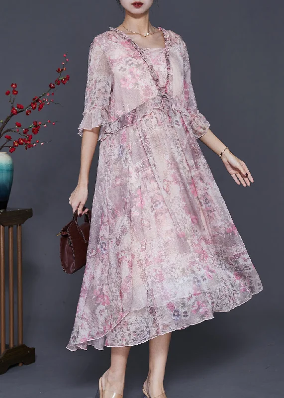 midi dressHandmade Pink Ruffled Print Chiffon Holiday Dress Spring