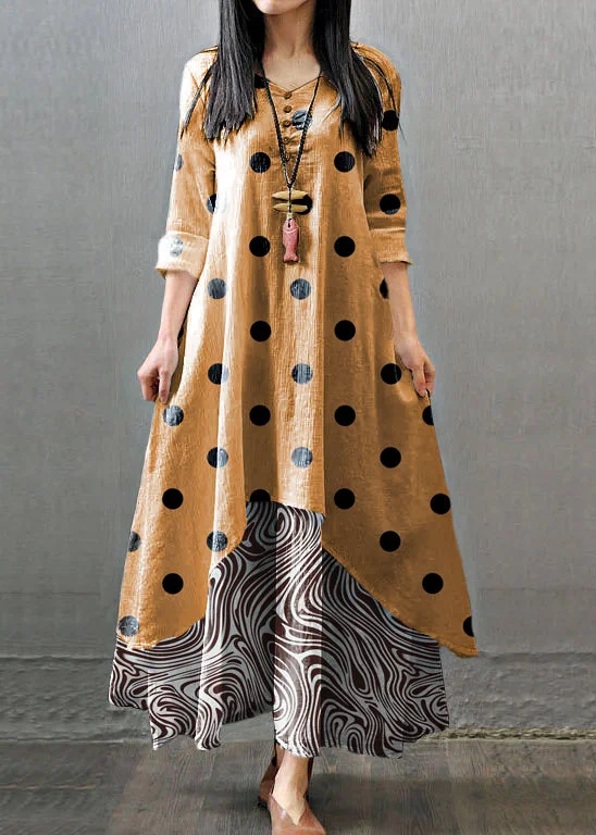 ruched dressWomen Long Sleeve Double Layers Button Asymmetric Orange polka dots Maxi Dress