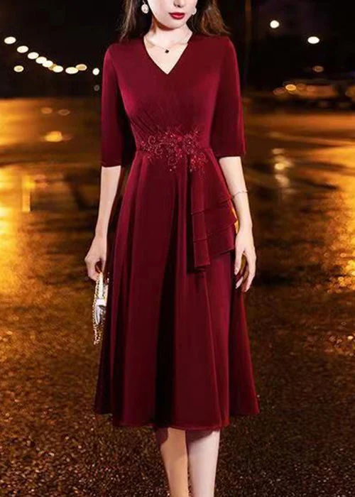 trendy dressClassy Wine Red V Neck Nail Bead Wrinkled Silk Dress Half Sleeve