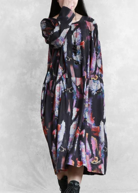 casual slip dressModern print cotton dress o neck pockets Maxi Dresses