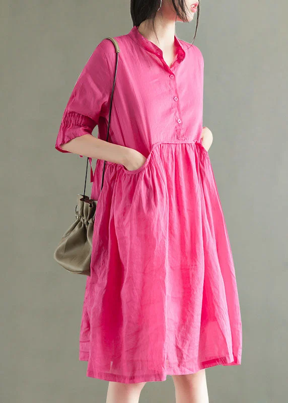 puff sleeve dressModern Rose Stand Collar Patchwork Ramie Mid Dress Summer