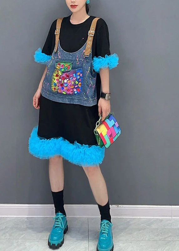 ashionable dressUnique Black Patchwork Blue O-Neck Tulle Mid Dresses Summer