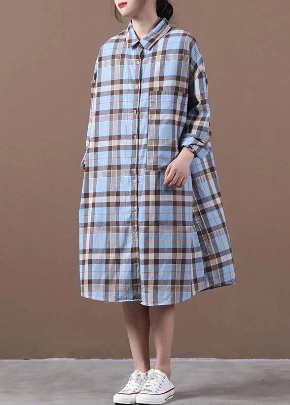 one-shoulder dressModern lapel Cinched spring Long Shirts Work Outfits blue plaid Dresses