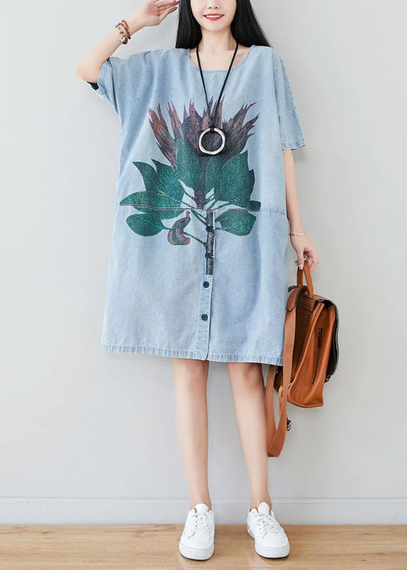 lace dressBeautiful Light Blue Oversized Patchwork Print Cotton Denim Dress Summer