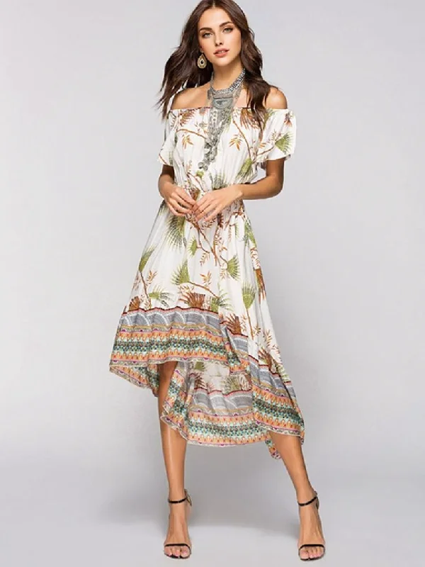 lace-up dressJuliaFashion-Feels Right Leafy Print Off Shoulder Midi Dress